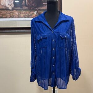 NY Collection Blue Button Down Long Sleeve Blouse